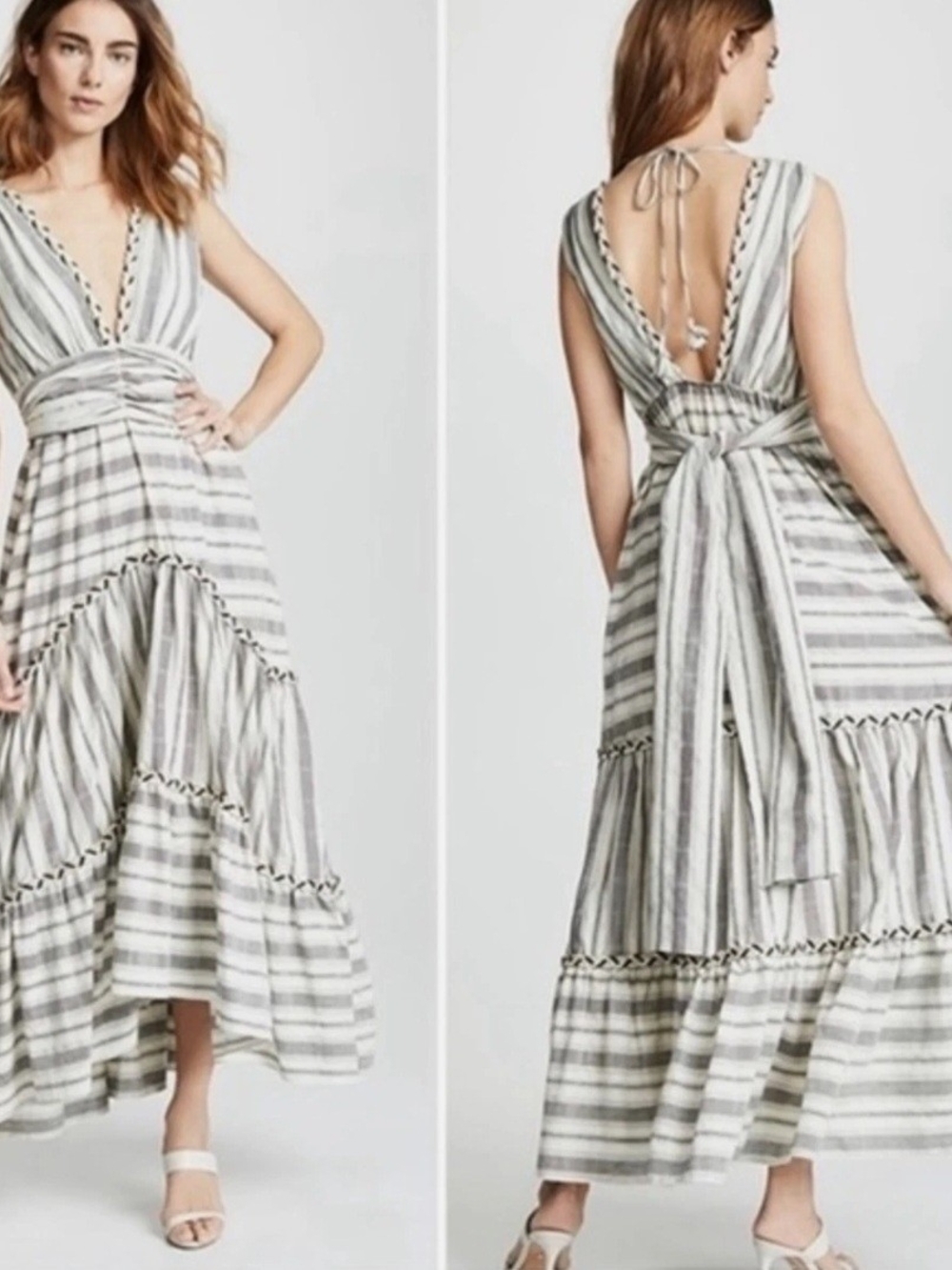 Misa Los Angeles Striped V-Neck Tiered Maxi Dress in Gray & White